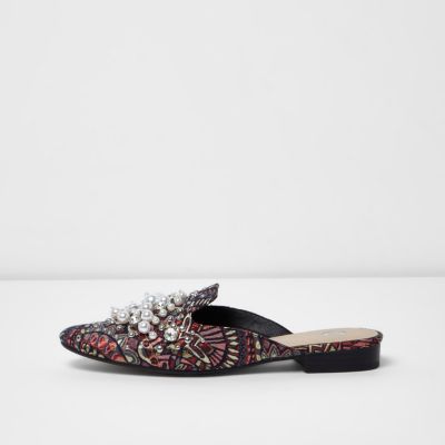Pink jacquard pearl and bead backless loafers
